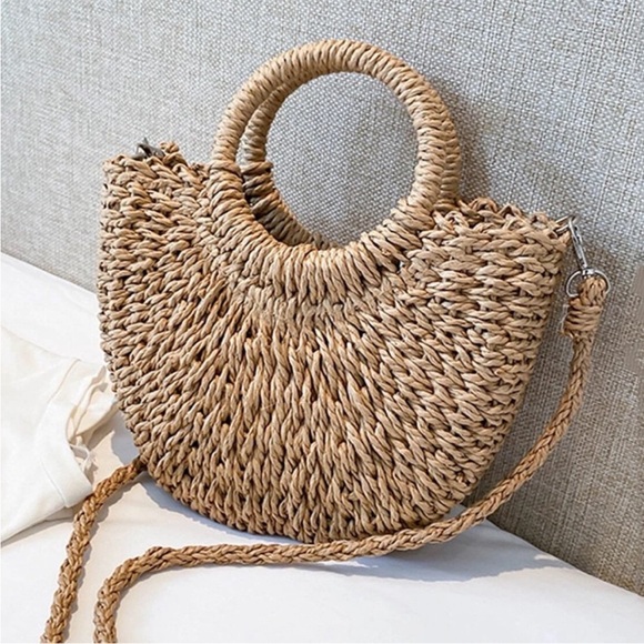 jas Handbags - Minimalist natural straw woven half moon crossbody bag tan
